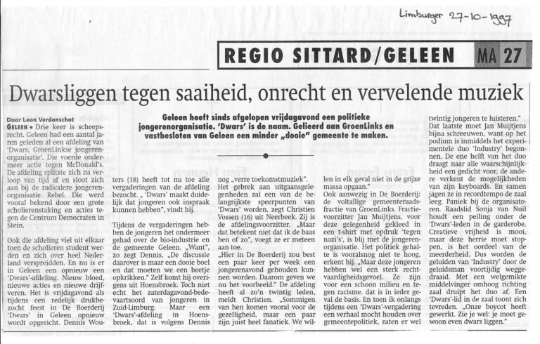 Newspaper clipping from De Limburger about the IndusTree gig at De Boerderij in Geleen